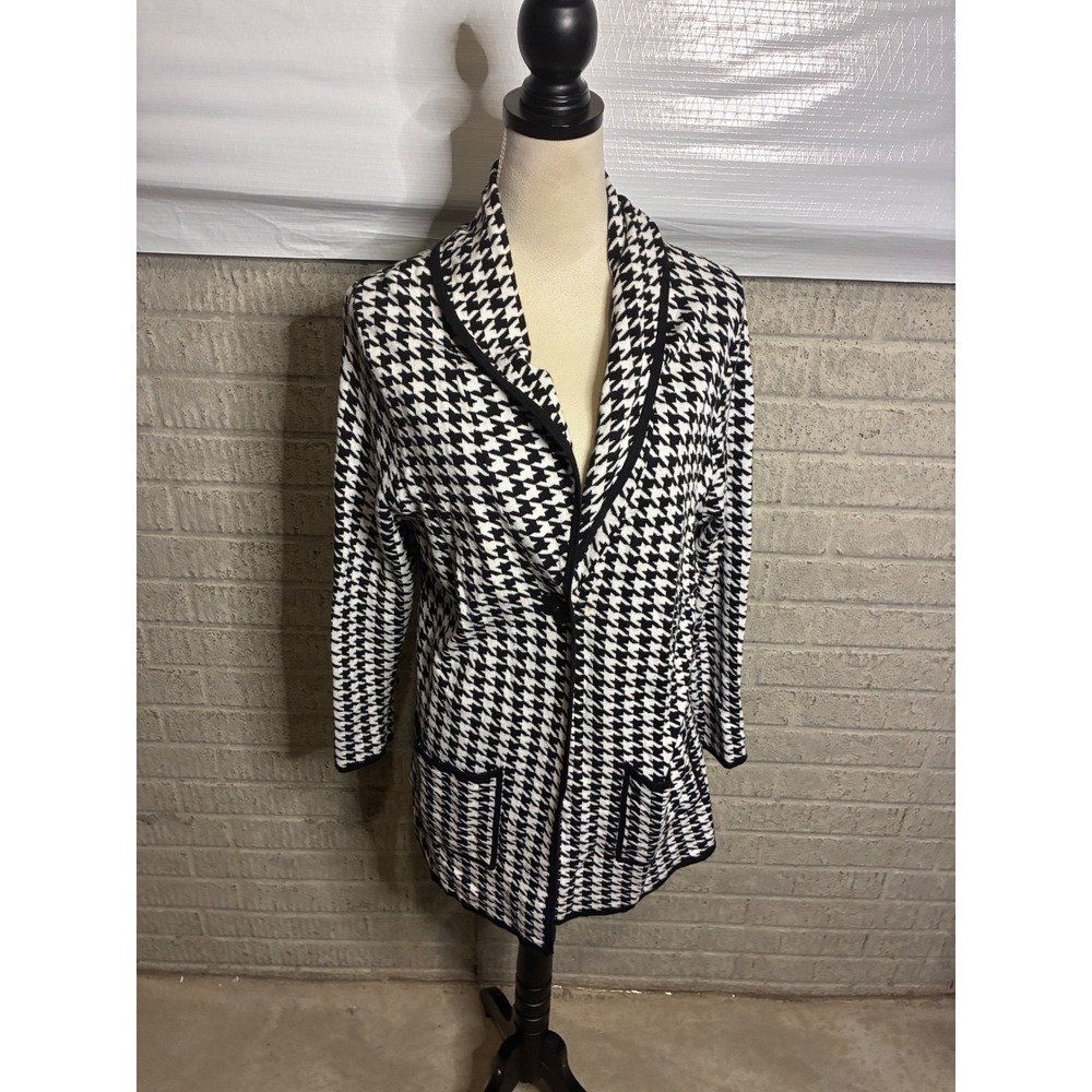 Lauren Michelle Houndstooth Open Front Cardigan Sweater Black White Size L‎